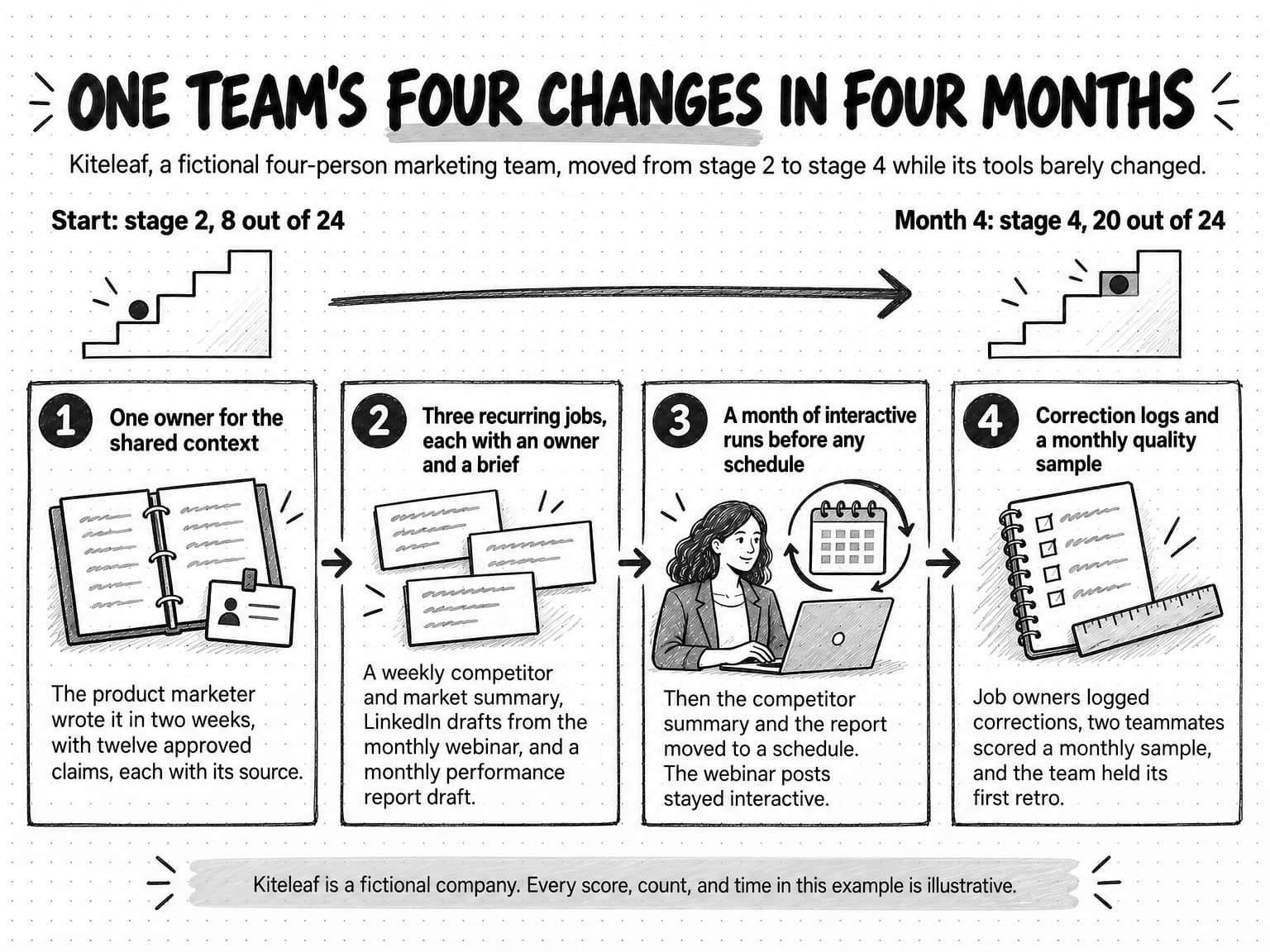 A diagram titled One team's four changes in four months, with the line Kiteleaf, a fictional four-person marketing team, moved from stage 2 to stage 4 while its tools barely changed. A long arrow runs from Start: stage 2, 8 out of 24, beside a five-step staircase with a dot on the second step, to Month 4: stage 4, 20 out of 24, beside the same staircase with a dot on the fourth step. Below, four numbered cards joined by arrows. 1, One owner for the shared context: the product marketer wrote it in two weeks, with twelve approved claims, each with its source. 2, Three recurring jobs, each with an owner and a brief: a weekly competitor and market summary, LinkedIn drafts from the monthly webinar, and a monthly performance report draft. 3, A month of interactive runs before any schedule: then the competitor summary and the report moved to a schedule, and the webinar posts stayed interactive. 4, Correction logs and a monthly quality sample: job owners logged corrections, two teammates scored a monthly sample, and the team held its first retro. A footer says Kiteleaf is a fictional company. Every score, count, and time in this example is illustrative.