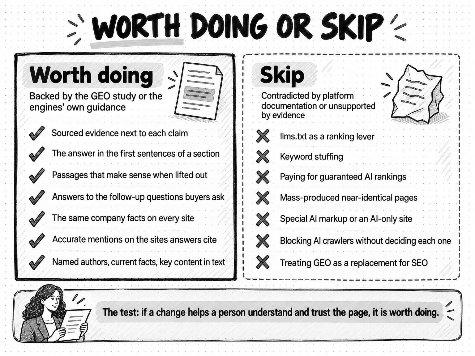 A diagram titled Worth doing or skip, with two panels. The left panel, Worth doing, backed by the GEO study or the engines' own guidance, has seven checked items: sourced evidence next to each claim; the answer in the first sentences of a section; passages that make sense when lifted out; answers to the follow-up questions buyers ask; the same company facts on every site; accurate mentions on the sites answers cite; named authors, current facts, key content in text. The right panel, Skip, contradicted by platform documentation or unsupported by evidence, has seven crossed items: llms.txt as a ranking lever; keyword stuffing; paying for guaranteed AI rankings; mass-produced near-identical pages; special AI markup or an AI-only site; blocking AI crawlers without deciding each one; treating GEO as a replacement for SEO. A banner beside a person reading a page says: The test: if a change helps a person understand and trust the page, it is worth doing.