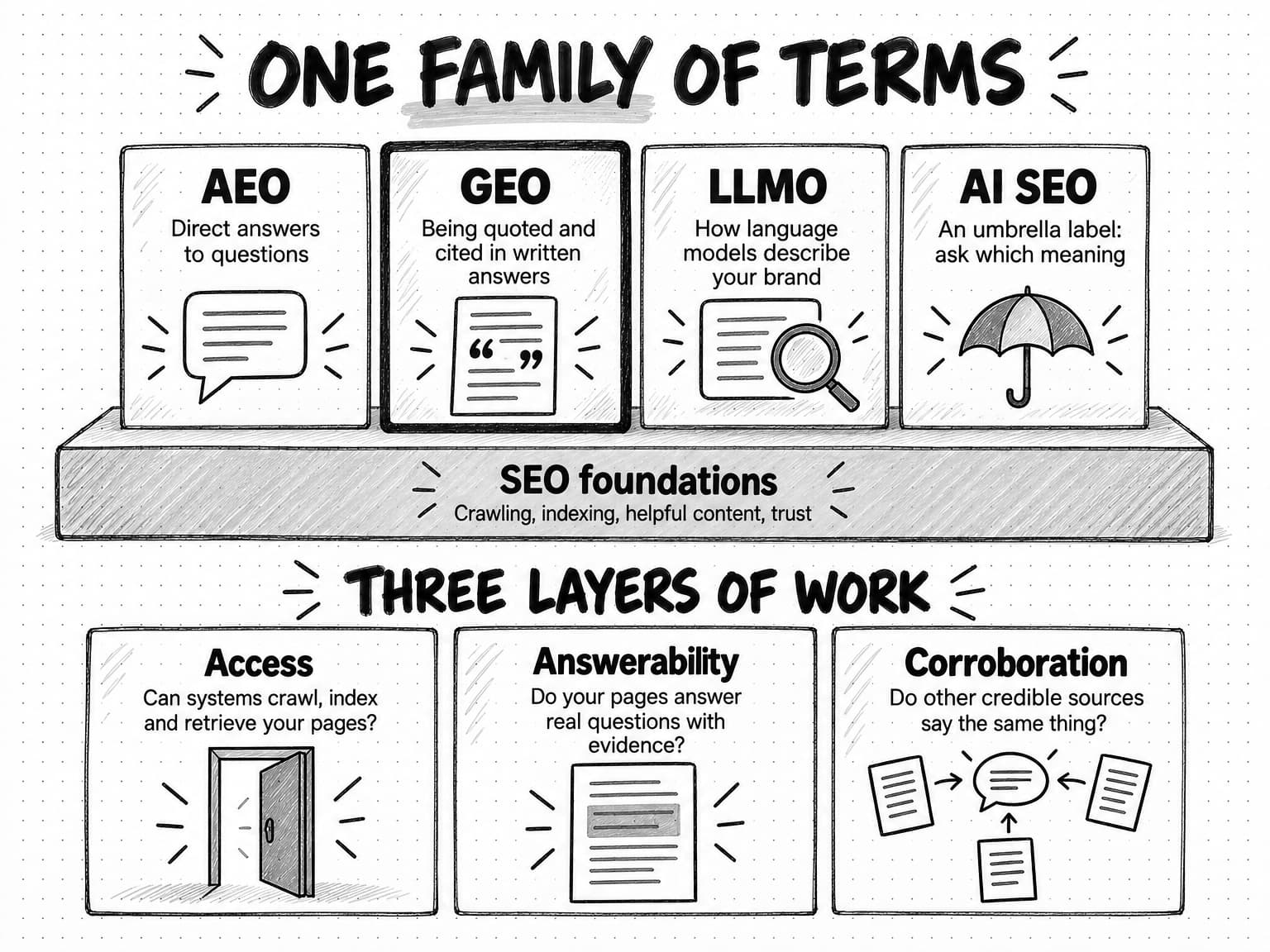 A diagram titled One family of terms. Four cards stand on a slab labeled SEO foundations: crawling, indexing, helpful content, trust. AEO, direct answers to questions. GEO, drawn with a heavier border, being quoted and cited in written answers. LLMO, how language models describe your brand. AI SEO, an umbrella label: ask which meaning. Below, under Three layers of work, three cards: Access, can systems crawl, index and retrieve your pages, with an open door; Answerability, do your pages answer real questions with evidence, with a page and one highlighted passage; Corroboration, do other credible sources say the same thing, with three pages pointing at one speech bubble.
