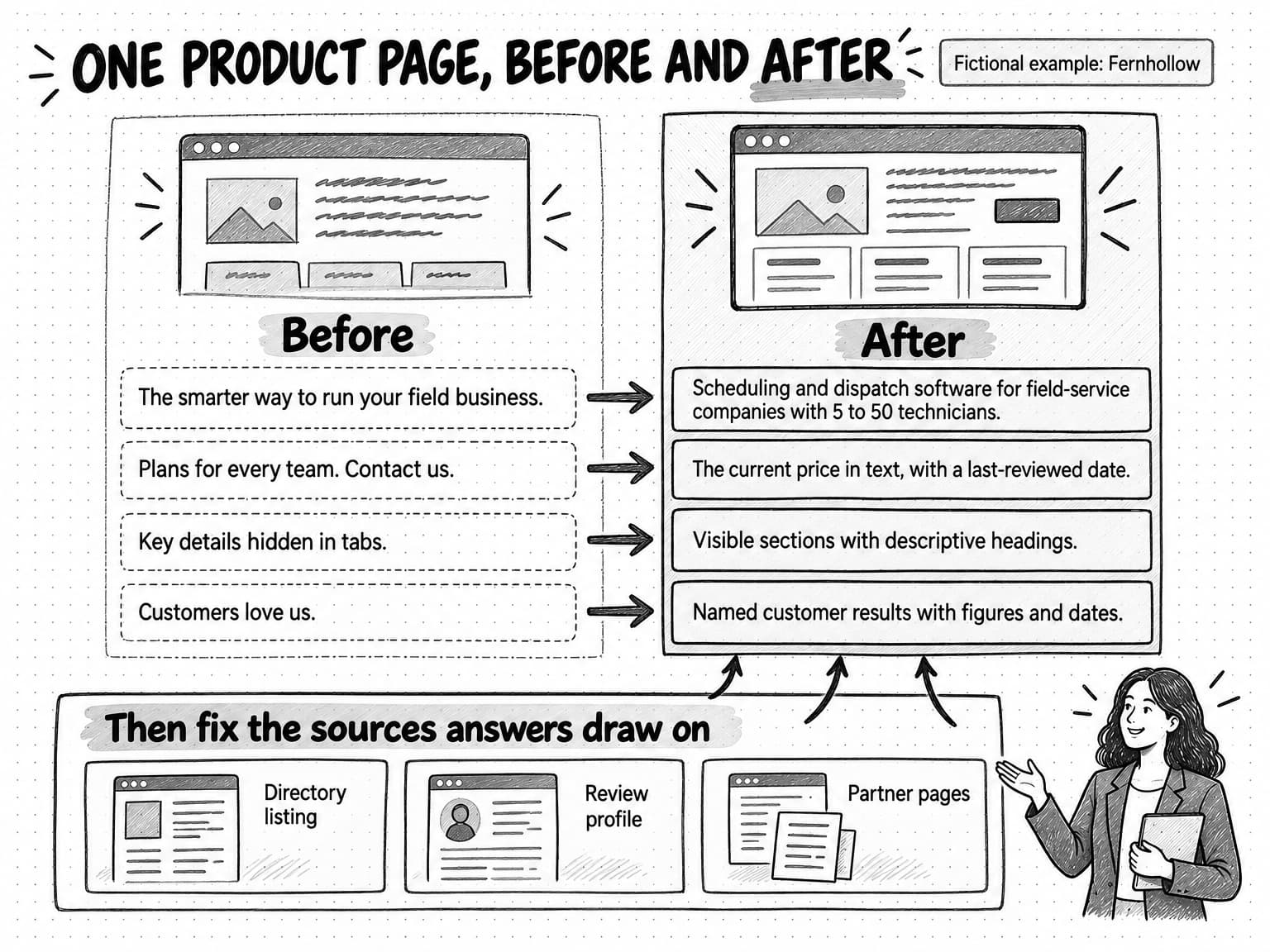 A diagram titled One product page, before and after, tagged Fictional example: Fernhollow. Four Before lines in dashed boxes each point to an After line in solid boxes. The smarter way to run your field business becomes Scheduling and dispatch software for field-service companies with 5 to 50 technicians. Plans for every team. Contact us becomes The current price in text, with a last-reviewed date. Key details hidden in tabs becomes Visible sections with descriptive headings. Customers love us becomes Named customer results with figures and dates. A strip below, Then fix the sources answers draw on, shows three cards, Directory listing, Review profile and Partner pages, with arrows back up to the After column.