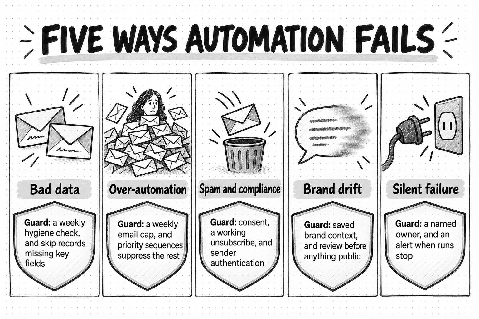 Five sketched panels titled Five ways automation fails, each with a guard on a shield. Bad data, shown as duplicate envelopes: guard with a weekly hygiene check, and skip records missing key fields. Over-automation, shown as a person buried in envelopes: guard with a weekly email cap, and priority sequences suppress the rest. Spam and compliance, shown as an envelope dropping into a bin: guard with consent, a working unsubscribe, and sender authentication. Brand drift, shown as a fading speech bubble: guard with saved brand context, and review before anything public. Silent failure, shown as an unplugged cord: guard with a named owner, and an alert when runs stop.