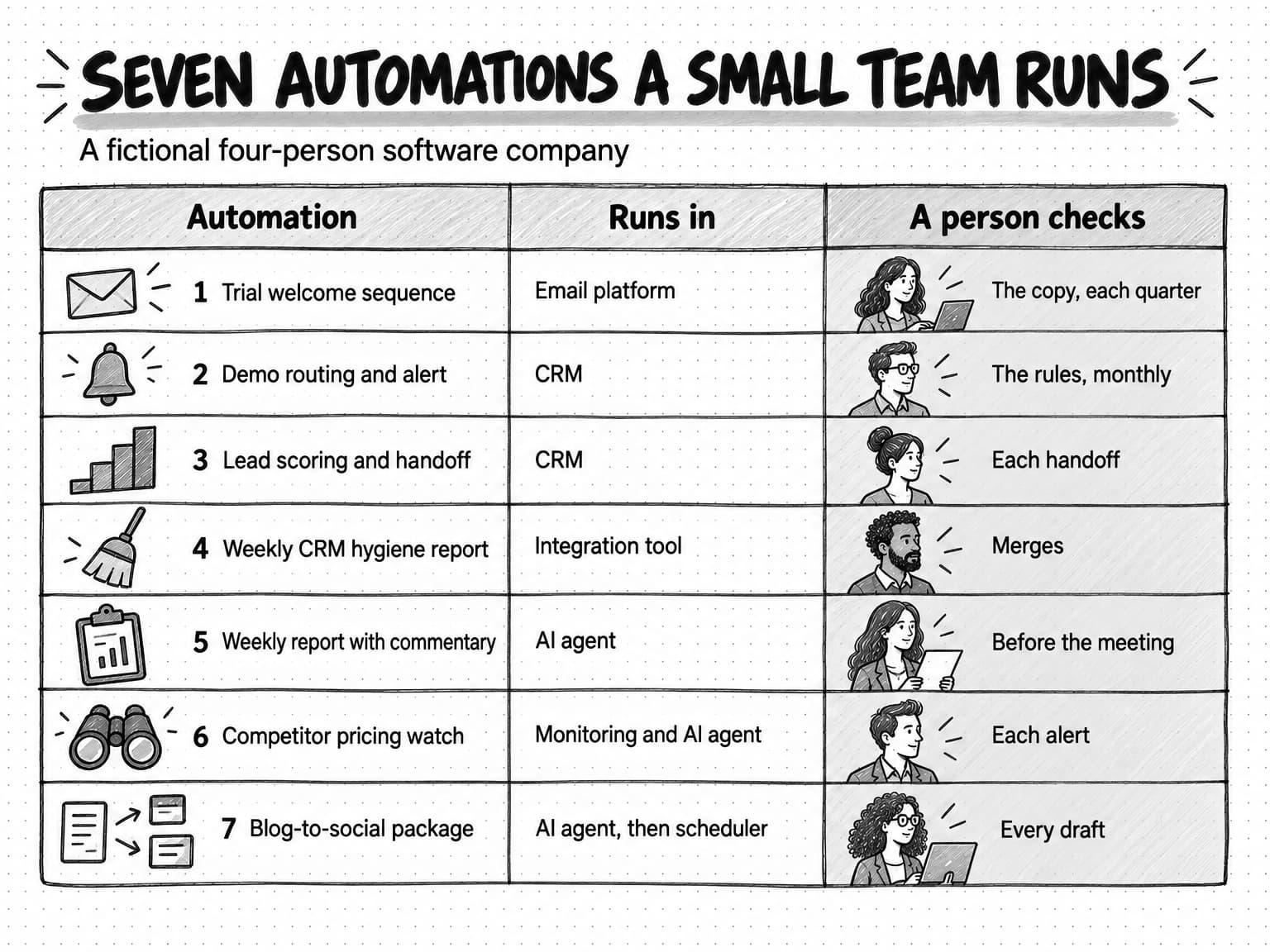 A sketched table titled Seven automations a small team runs, subtitled A fictional four-person software company, with columns Automation, Runs in, and A person checks. 1 Trial welcome sequence, email platform, the copy each quarter. 2 Demo routing and alert, CRM, the rules monthly. 3 Lead scoring and handoff, CRM, each handoff. 4 Weekly CRM hygiene report, integration tool, merges. 5 Weekly report with commentary, AI agent, before the meeting. 6 Competitor pricing watch, Monitoring and AI agent, each alert. 7 Blog-to-social package, AI agent then scheduler, every draft. The third column is shaded.