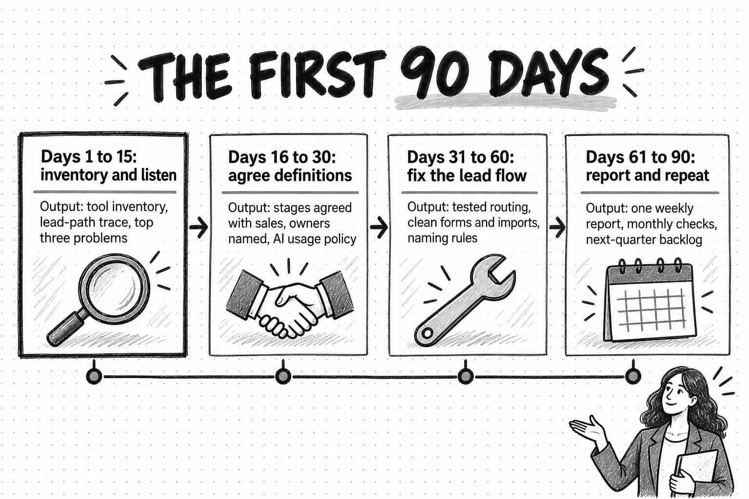 A sketched timeline titled The first 90 days, with four panels. Days 1 to 15, inventory and listen, output: tool inventory, lead-path trace, top three problems. Days 16 to 30, agree definitions, output: stages agreed with sales, owners named, AI usage policy. Days 31 to 60, fix the lead flow, output: tested routing, clean forms and imports, naming rules. Days 61 to 90, report and repeat, output: one weekly report, monthly checks, next-quarter backlog.
