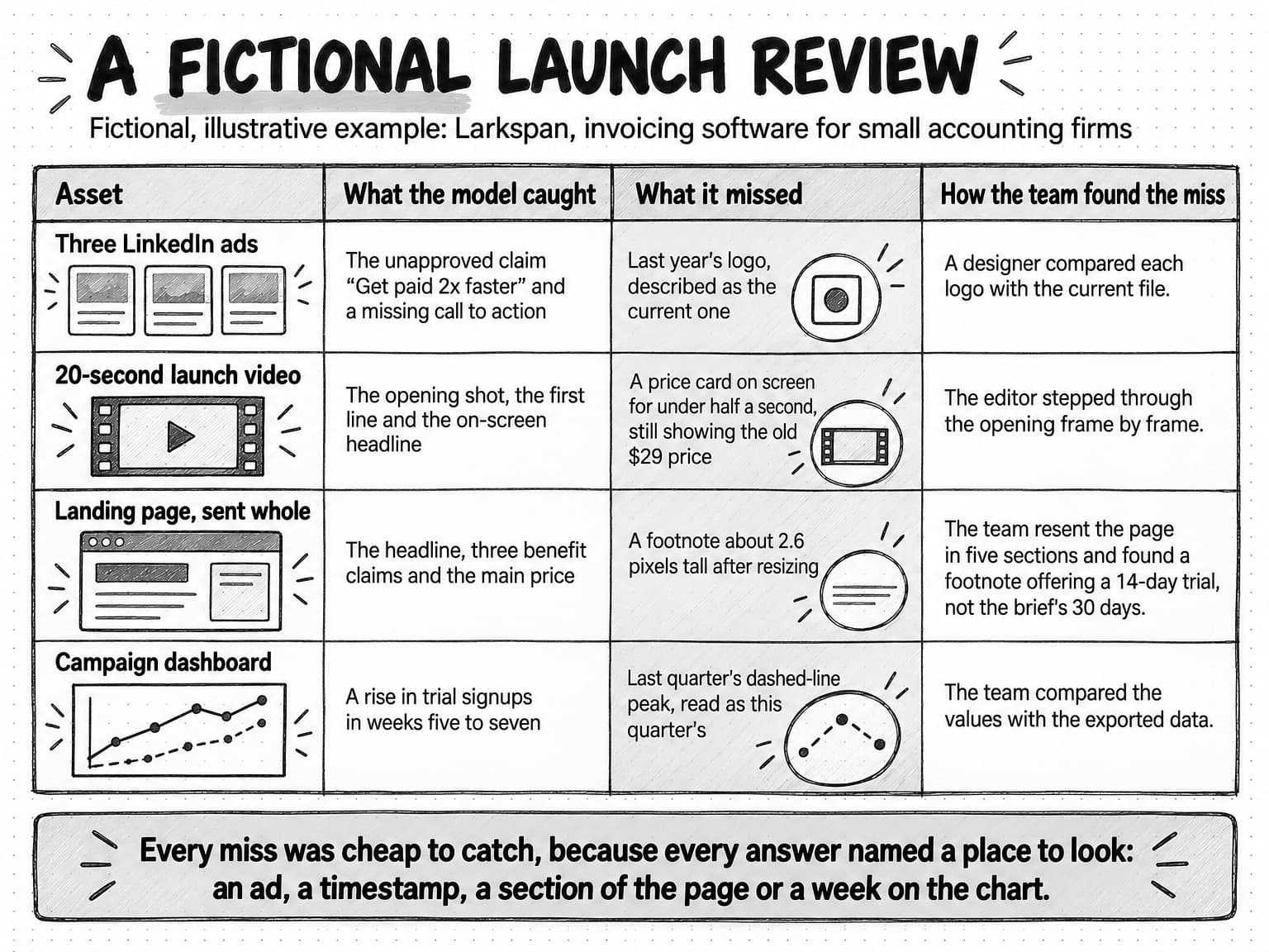 A sketched table titled A fictional launch review, labeled Fictional, illustrative example: Larkspan, invoicing software for small accounting firms, with columns Asset, What the model caught, What it missed, and How the team found the miss. Three LinkedIn ads: caught the unapproved claim Get paid 2x faster and a missing call to action; missed last year's logo, described as the current one; a designer compared each logo with the current file. 20-second launch video: caught the opening shot, the first line and the on-screen headline; missed a price card on screen for under half a second, still showing the old $29 price; the editor stepped through the opening frame by frame. Landing page, sent whole: caught the headline, three benefit claims and the main price; missed a footnote about 2.6 pixels tall after resizing; the team resent the page in five sections and found a footnote offering a 14-day trial, not the brief's 30 days. Campaign dashboard: caught a rise in trial signups in weeks five to seven; missed last quarter's dashed-line peak, read as this quarter's; the team compared the values with the exported data. A strip at the bottom reads Every miss was cheap to catch, because every answer named a place to look: an ad, a timestamp, a section of the page or a week on the chart.