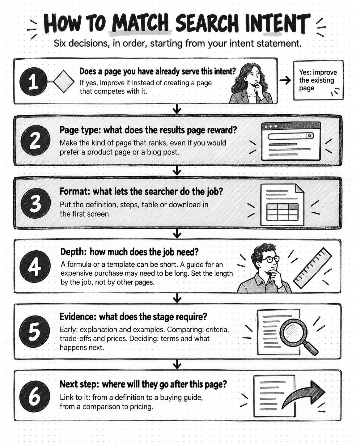 How to match search intent: six decisions in order, starting from your intent statement. 1, does a page you have already serve this intent? If yes, improve it instead of creating a page that competes with it, with a side branch reading Yes: improve the existing page. 2, page type: make the kind of page that ranks, even if you would prefer a product page or a blog post. 3, format: put the definition, steps, table or download in the first screen. 4, depth: a formula or a template can be short, a guide for an expensive purchase may need to be long; set the length by the job, not by other pages. 5, evidence: early, explanation and examples; comparing, criteria, trade-offs and prices; deciding, terms and what happens next. 6, next step: link to it, from a definition to a buying guide or from a comparison to pricing.