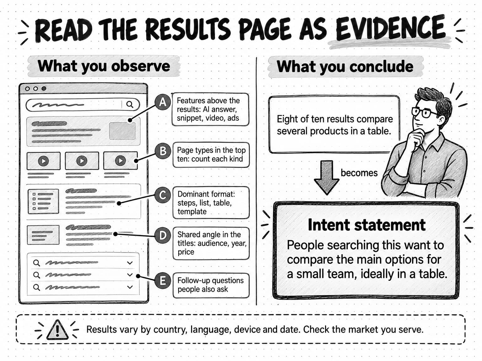 A sketched results page with five labeled observations: features above the results such as an AI answer, snippet, video and ads; page types in the top ten, counted by kind; dominant format such as steps, list, table or template; shared angle in the titles such as audience, year or price; and follow-up questions people also ask. On the right, the conclusion Eight of ten results compare several products in a table becomes the intent statement People searching this want to compare the main options for a small team, ideally in a table. A note says results vary by country, language, device and date.