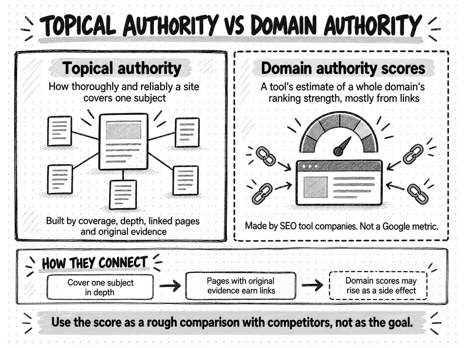 A diagram titled Topical authority vs domain authority. The left panel, Topical authority, drawn with a solid border, reads How thoroughly and reliably a site covers one subject, shows a central page joined to five smaller pages, and notes Built by coverage, depth, linked pages and original evidence. The right panel, Domain authority scores, drawn with a dashed border, reads A tool's estimate of a whole domain's ranking strength, mostly from links, shows a dial with no numbers above a website with chain links pointing into it, and notes Made by SEO tool companies. Not a Google metric. A strip headed How they connect runs left to right: Cover one subject in depth, then Pages with original evidence earn links, then a dashed box, Domain scores may rise as a side effect. A banner reads Use the score as a rough comparison with competitors, not as the goal.