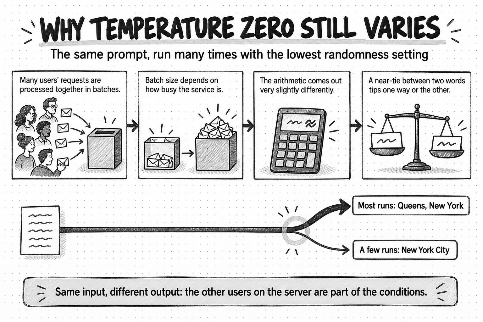 Hand-drawn diagram titled Why temperature zero still varies, with the line The same prompt, run many times with the lowest randomness setting. Four panels joined by arrows read: Many users' requests are processed together in batches; Batch size depends on how busy the service is; The arithmetic comes out very slightly differently; A near-tie between two words tips one way or the other. Below, one line of identical text runs from a page and forks at a circled point into a thick branch labeled Most runs: Queens, New York, and a thin branch labeled A few runs: New York City. A band reads Same input, different output: the other users on the server are part of the conditions.