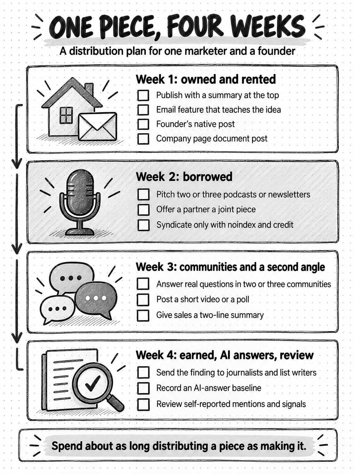 A portrait checklist titled One piece, four weeks, subtitled A distribution plan for one marketer and a founder. Week 1: owned and rented: publish with a summary at the top, email feature that teaches the idea, founder's native post, company page document post. Week 2: borrowed, shaded: pitch two or three podcasts or newsletters, offer a partner a joint piece, syndicate only with noindex and credit. Week 3: communities and a second angle: answer real questions in two or three communities, post a short video or a poll, give sales a two-line summary. Week 4: earned, AI answers, review: send the finding to journalists and list writers, record an AI-answer baseline, review self-reported mentions and signals. Footer: Spend about as long distributing a piece as making it.